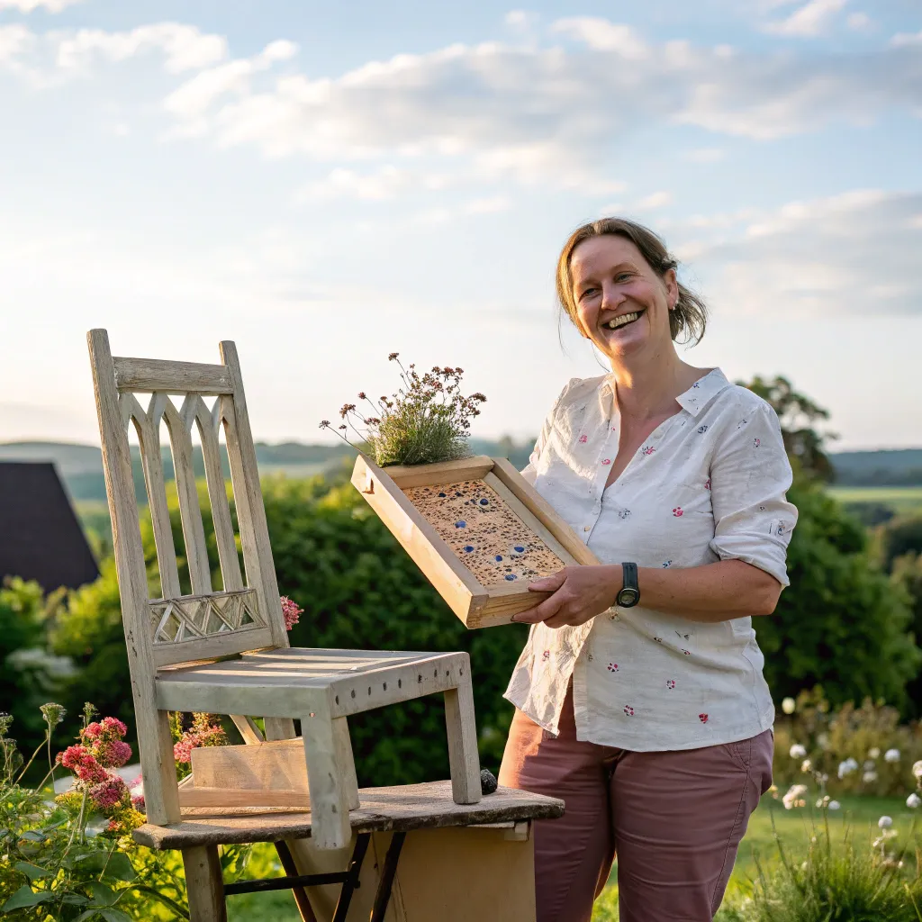 Smiling woman holding garden furniture she made