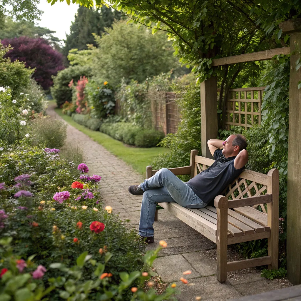 Man enjoying the newly made garden bench
