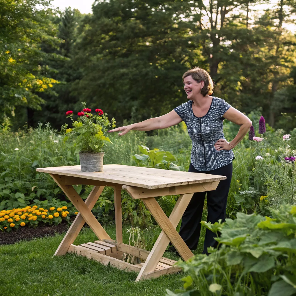 Woman in her garden proudly showing off a handmade table